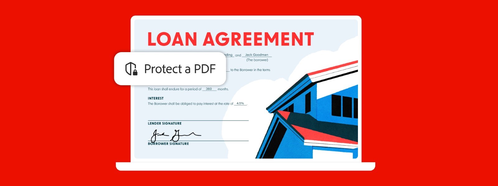 Image of a loan agreement document on a red background, showcasing the Protect a PDF Acrobat feature icon overlay.