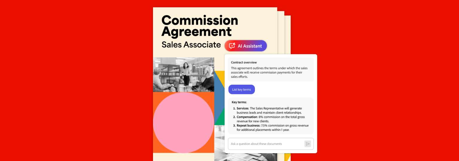 An example of how Acrobat AI Assistant summarizes key terms in a Commission Agreement.