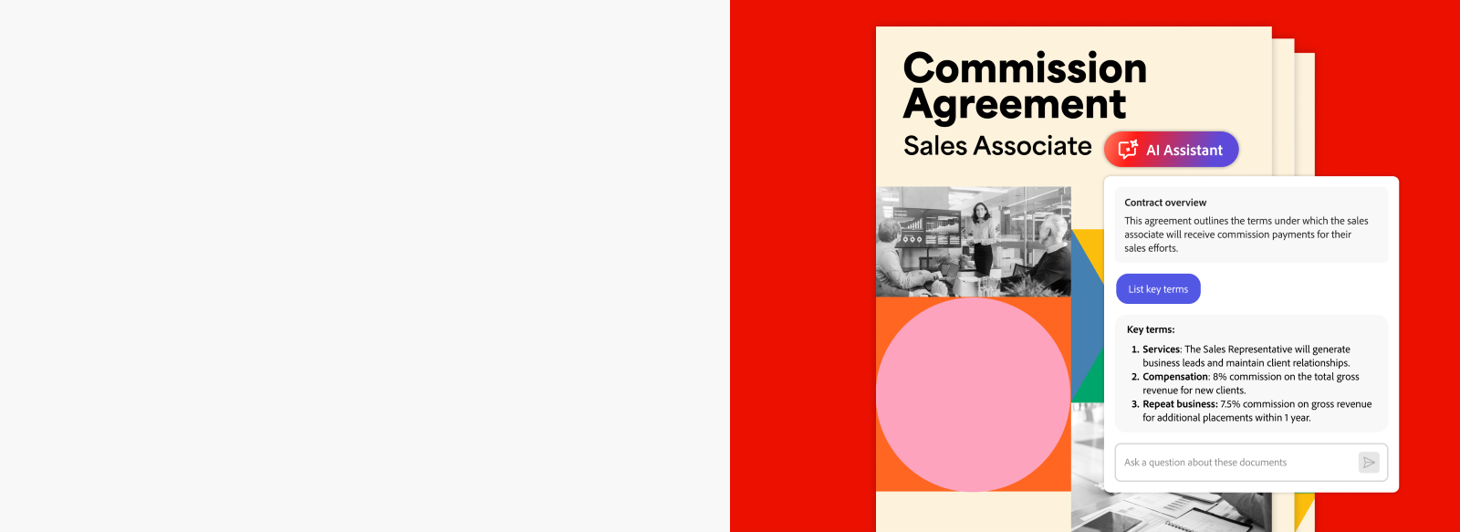 An example of how Acrobat AI Assistant summarizes key terms in a Commission Agreement.