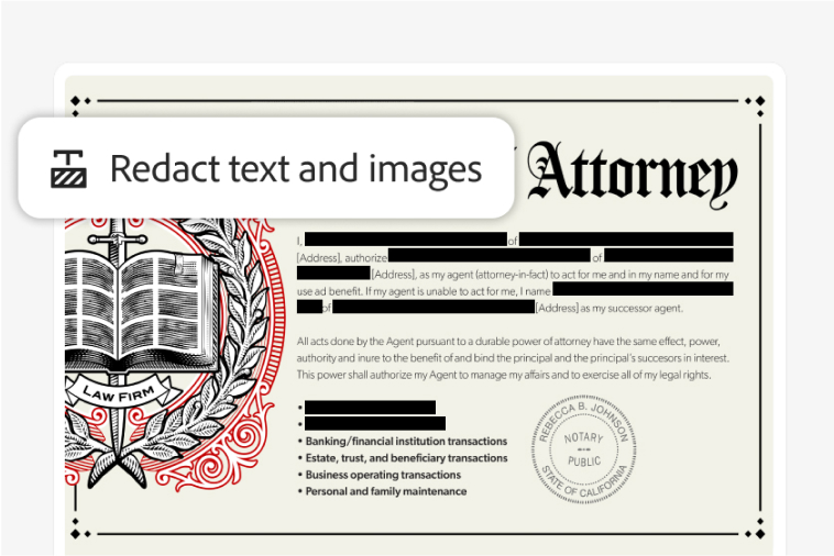 Image of a power of attorney document with a 'Redact text and images' Acrobat feature icon overlay.