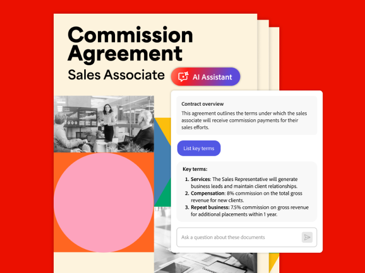 An example of how Acrobat AI Assistant summarizes key terms in a Commission Agreement.