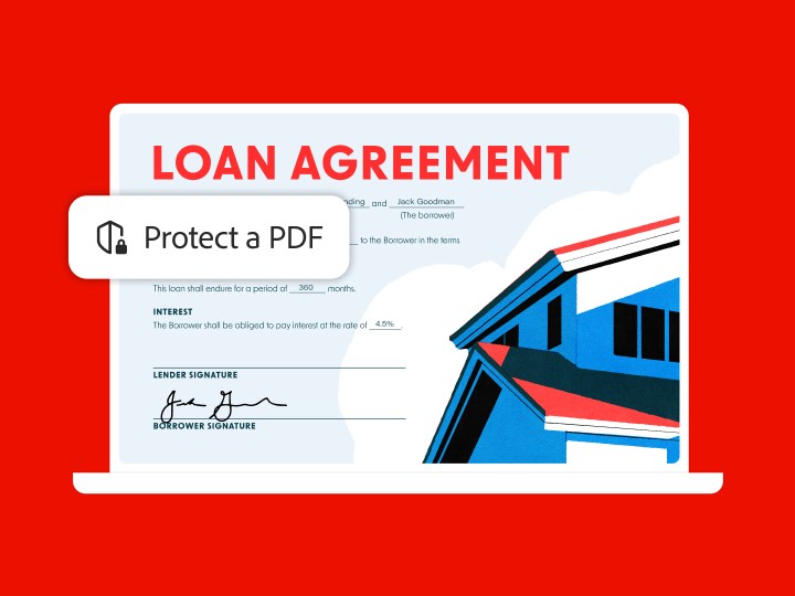 Image of a loan agreement document on a red background, showcasing the Protect a PDF Acrobat feature icon overlay.