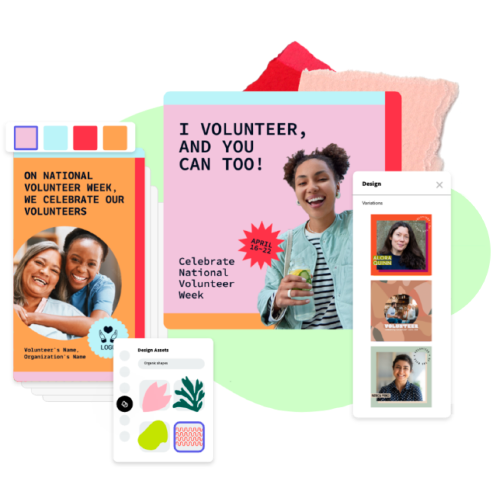 Multiple flyers and creative assets advertising nonprofit volunteer events