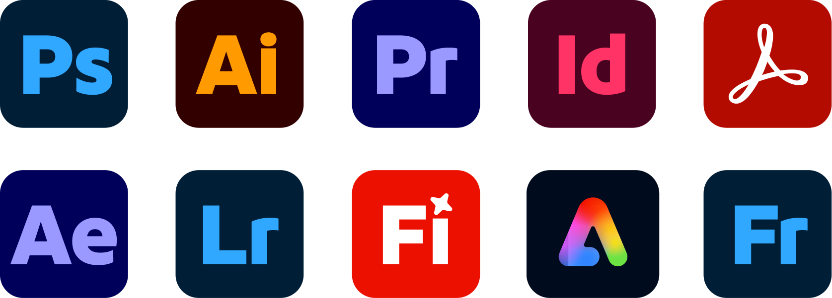 Photoshop, Illustrator, Premiere Pro, InDesign, Acrobat, After Effects, Lightroom, Firefly, Express, Fresco