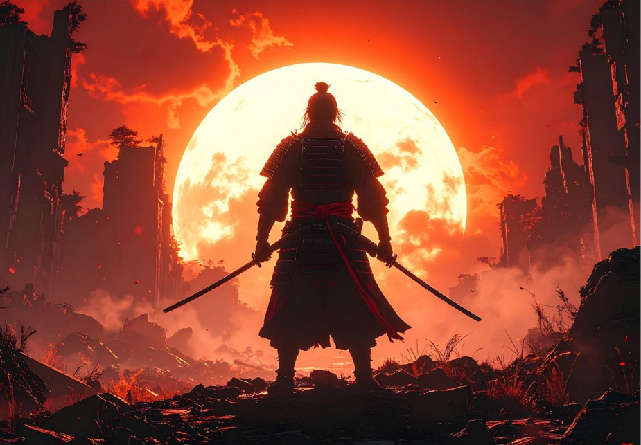 AI generated image showing a backlit samurai silhouette in a ruined landscape with a glowing circular portal, with a Firefly prompt overlay describing the scene displayed across the image.