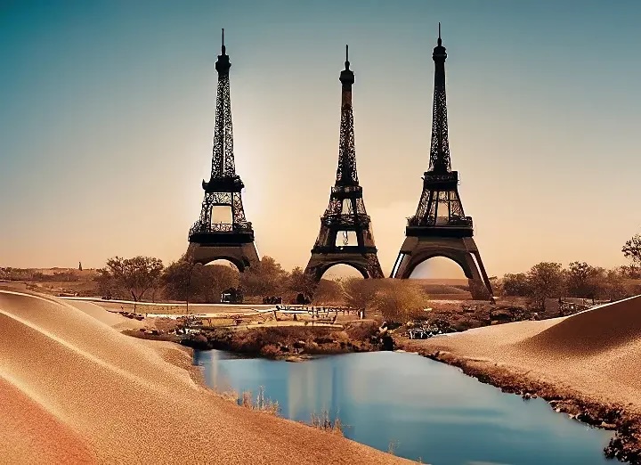 3 Eiffel towers in desert with river in surrealist landscape style demonstrating what AI art is using photorealism