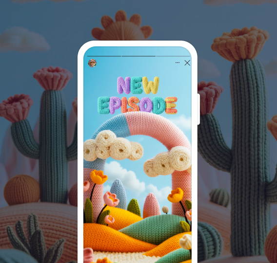 A video title screen that says "New episode" in colorful knit-textured letters alongside the same video screen resized for a mobile phone screen.