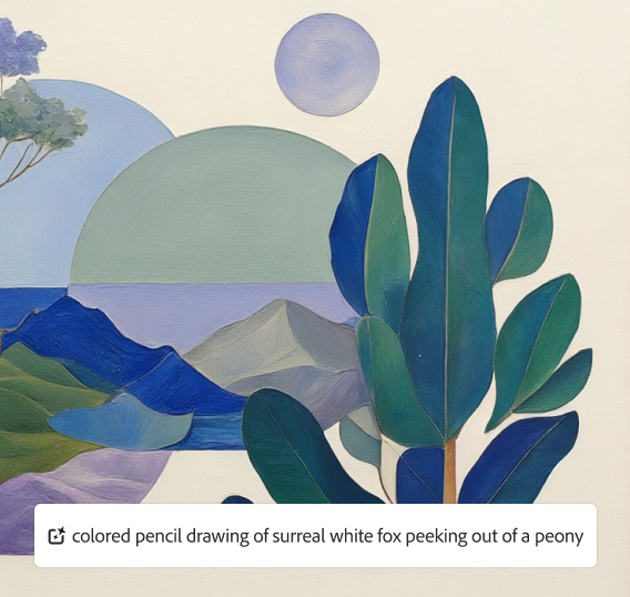 A landscape with trees, mountains, and water, and an overlay of the prompt, "A contemporary art piece with elements layered in blue/green tones."