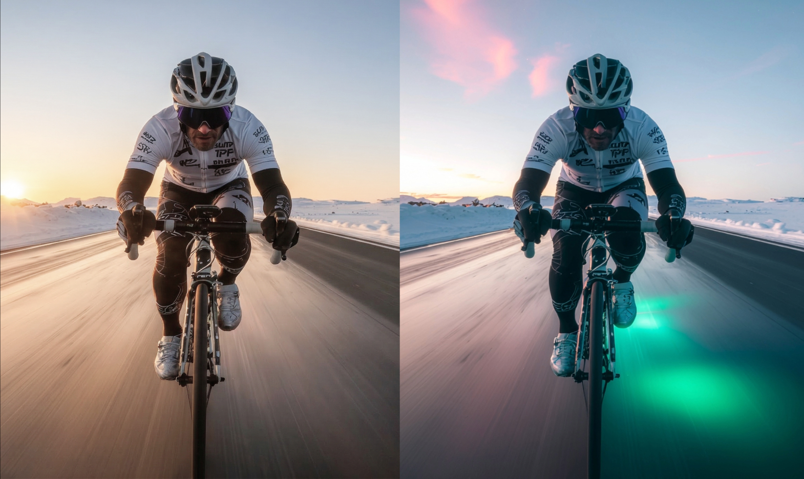 A before and after image of a cyclist on a road show a realistic image paired next to one showing glowing green light beneath the wheels.