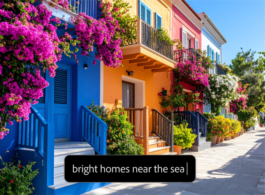 AI generated photorealistic image with colorful row of homes and text prompt overlay in text to image tool