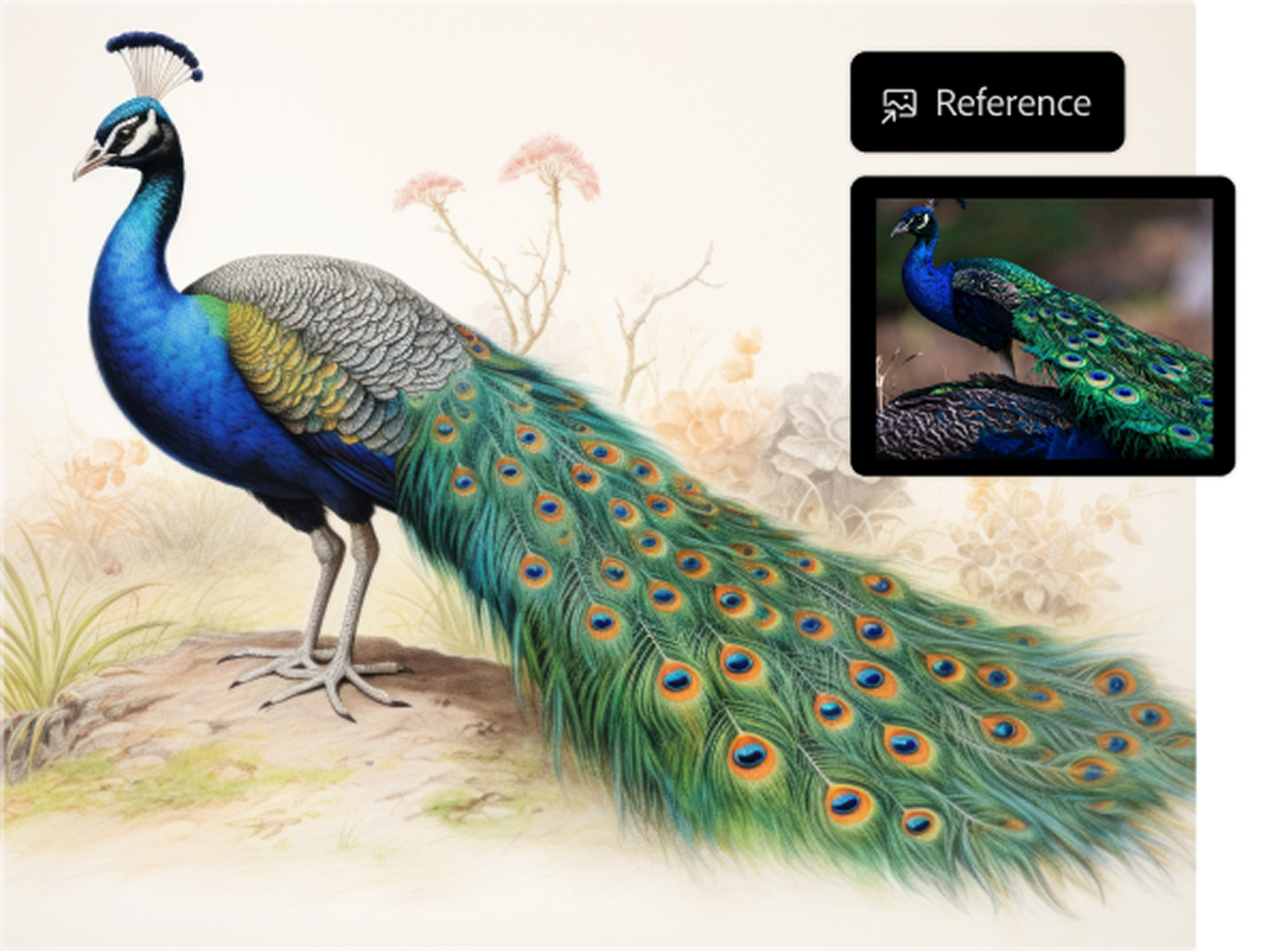 Sketch-to-image prompt and resulting AI generated art piece of a peacock with reference image in AI art generator