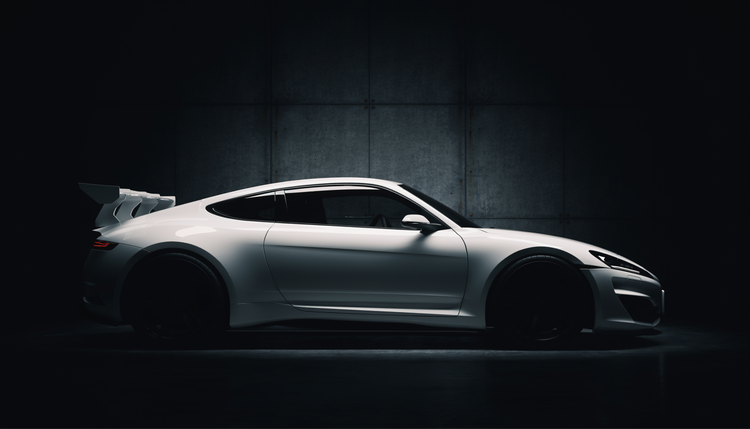 AI-generated photo of a sleek white sports car in profile, shot in a dimly lit industrial setting.