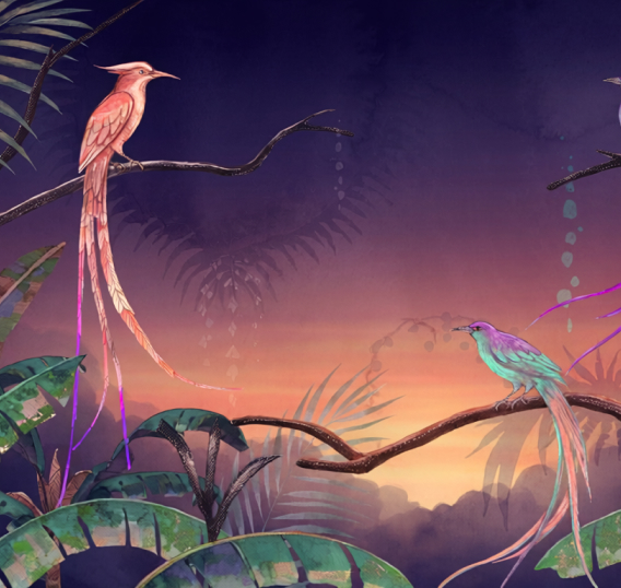 Exotic parrots in lush, vibrant tropical jungle at sunset.