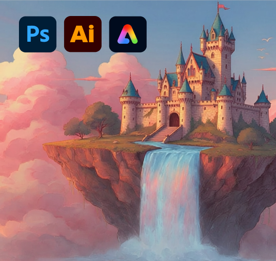 A fantasy castle sits on top of a floating island with a waterfall, surrounded by pink clouds at sunset.