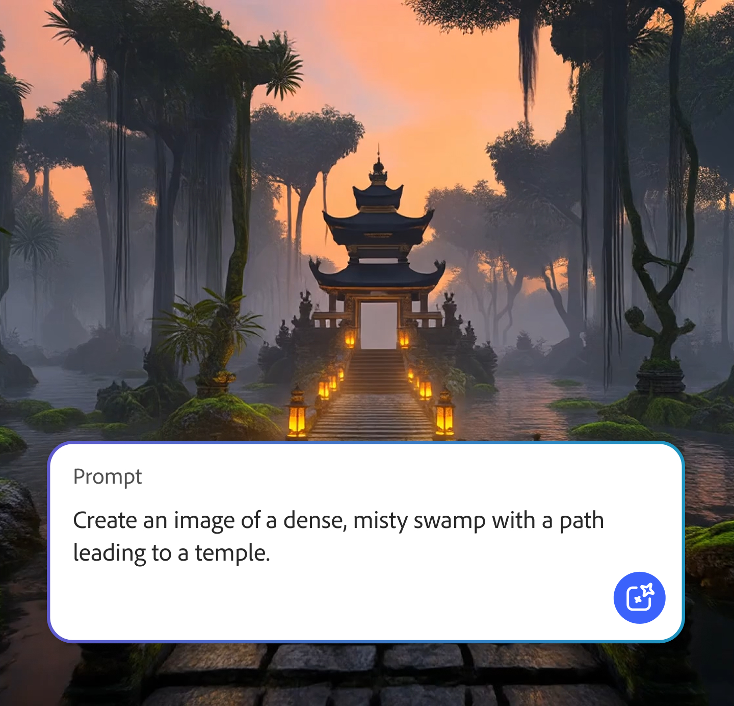 AI generated image of a dense, misty swamp with a path leading to a temple