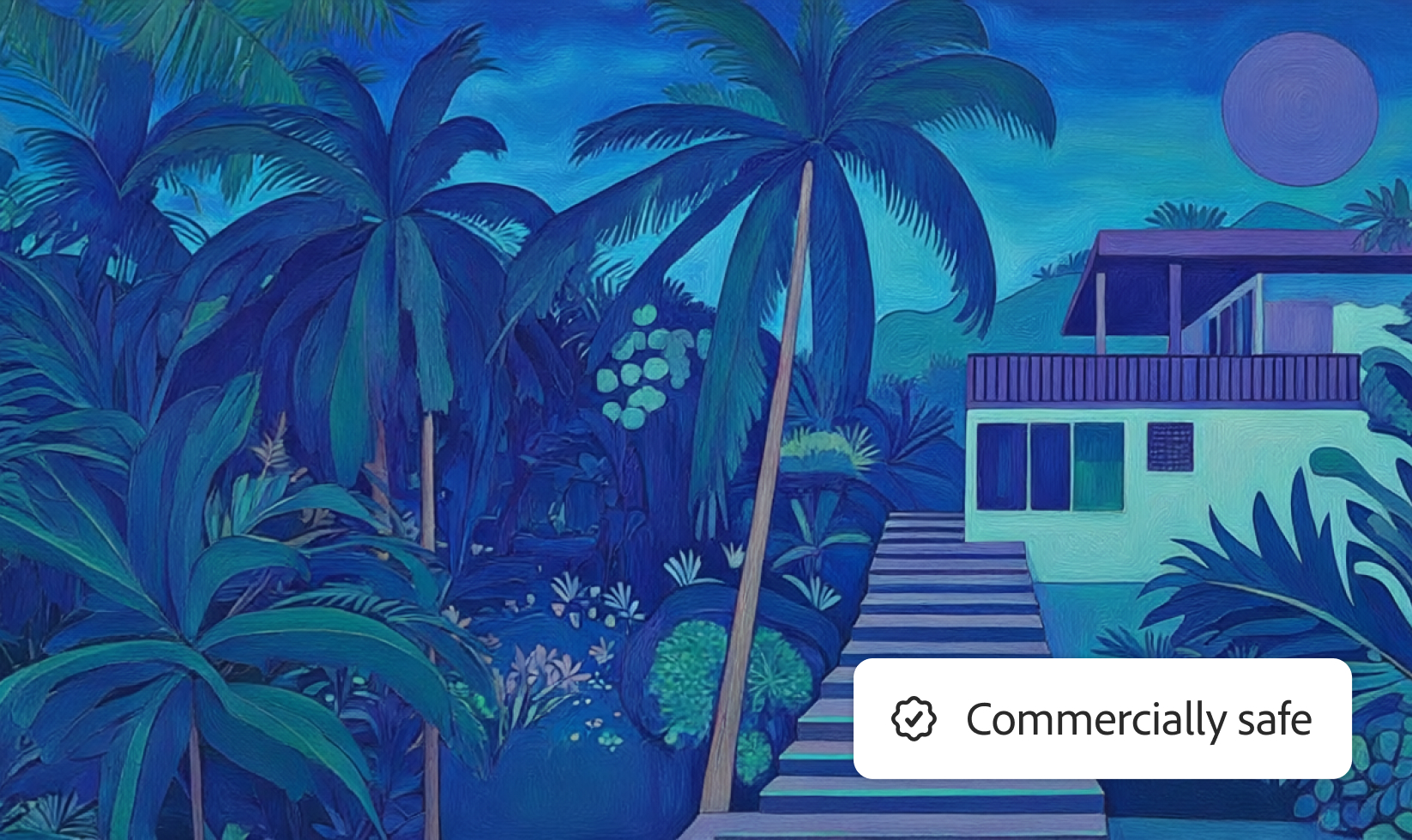 A tropical beach house with palm trees in turquoise tones, with an overlay of a "Commercially safe" badge.