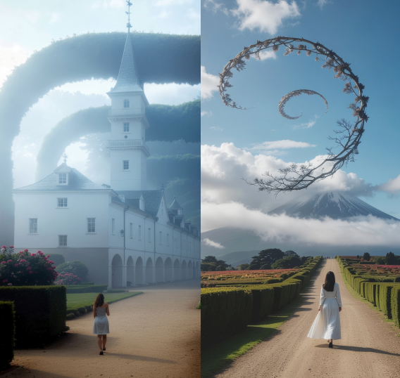 Side-by-side images of a woman walking under a tall arched hedge toward a white building with a tall steeple and a woman walking down a dirt road with hedges on either side.