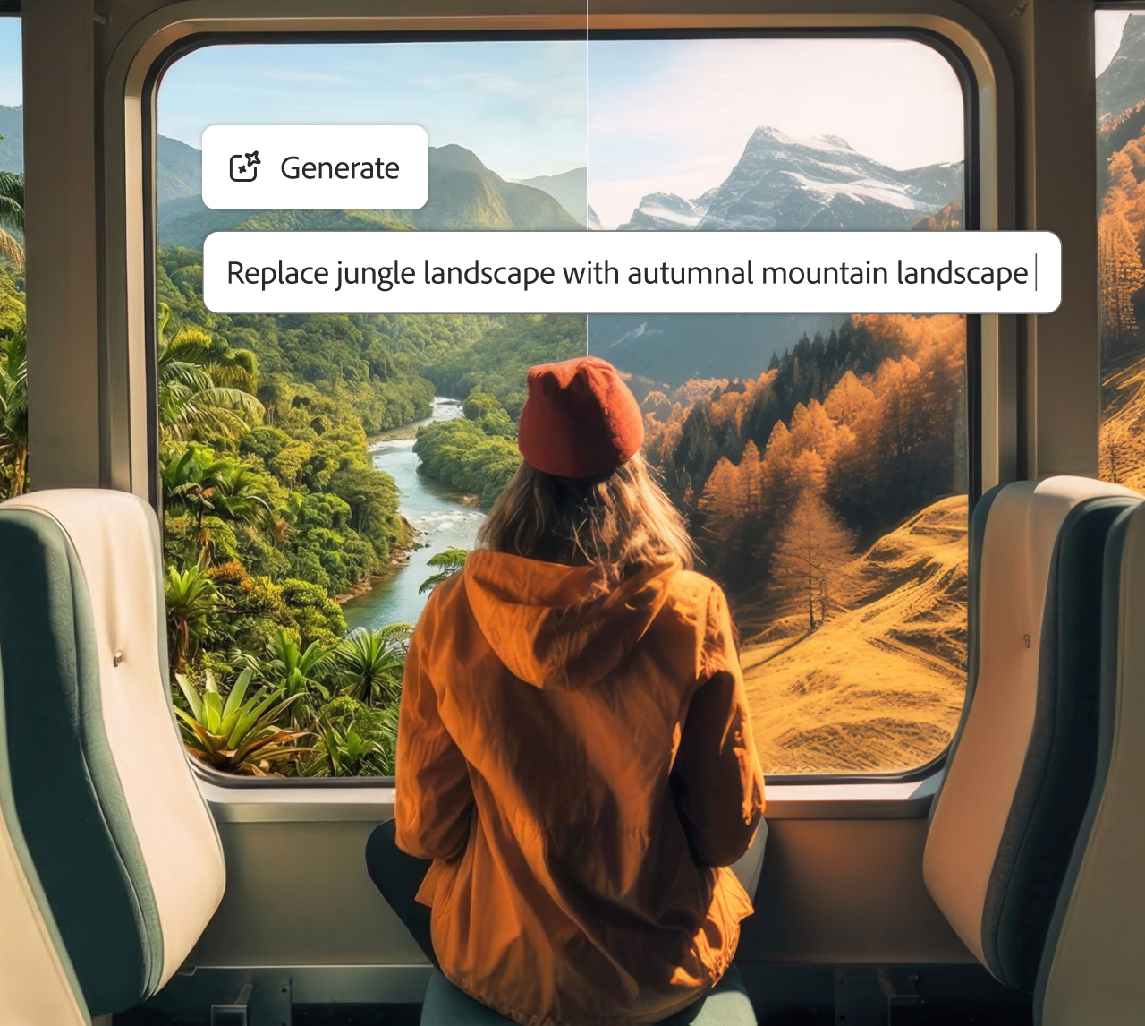 Photo of a woman looking out of a window with 'Replace jungle landscape with autumnal mountain landscape' prompt