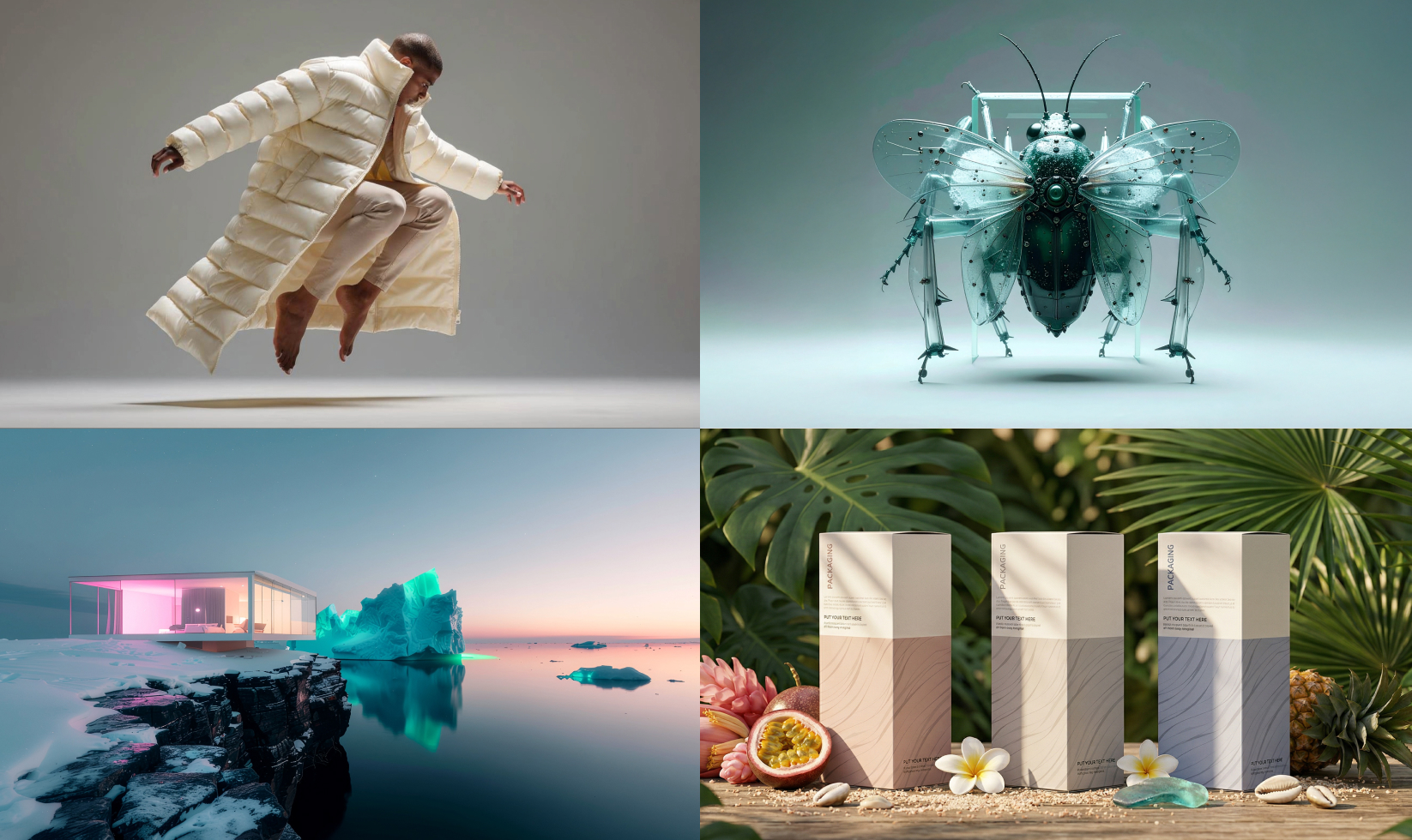 A series of images including a robotic fly and a neon-lit building within a tundra demonstrate the creative range of Firefly.