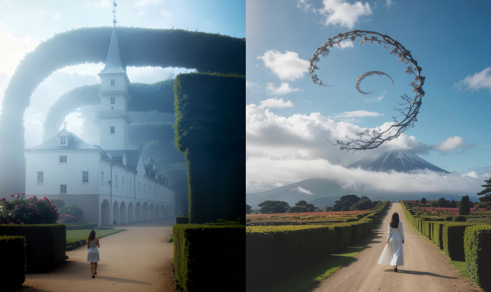 Side-by-side images of a woman walking under a tall arched hedge toward a white building with a tall steeple and a woman walking down a dirt road with hedges on either side.
