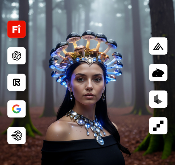 An image of a woman in a forest wearing a glowing headdress made of mushrooms with an overlay of icons representing different AI models available in Firefly.