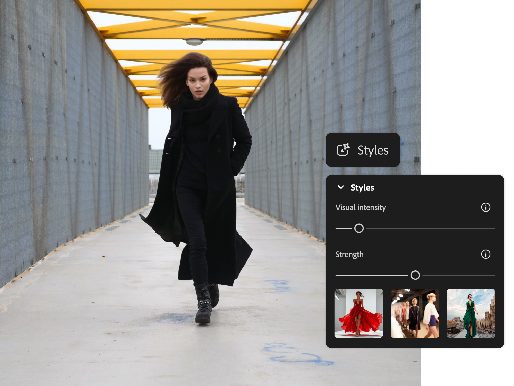 AI generated photorealistic image of woman walking through breezeway and image style panel in AI image generator