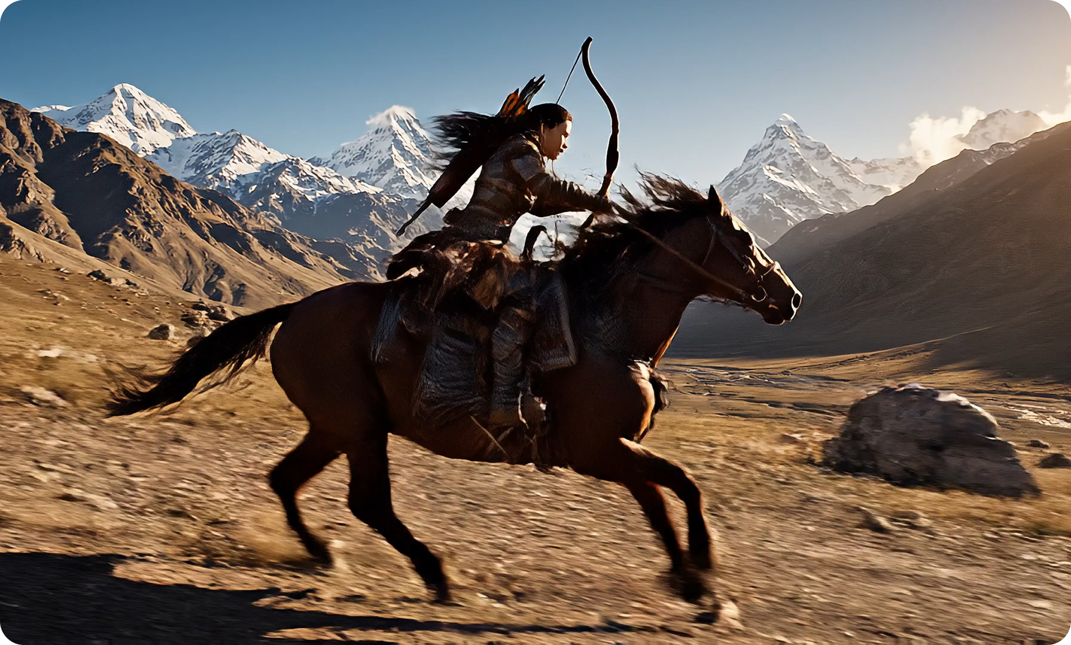 cc-shared/assets/products/firefly/features/ai-video-generator/media_1a052ef99935bbb589fd0818f22bdb46bc94bdb5b.mp4 | A woman gallops on horseback through the mountains with snowy peaks in the background.