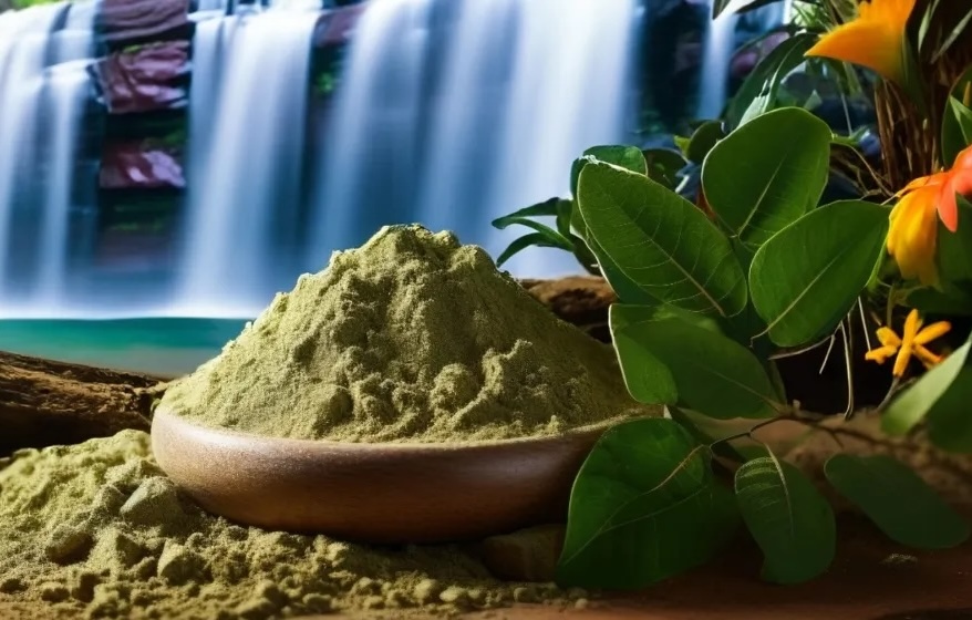 Product image with AI generated background showing green matcha powder with waterfall and flowers