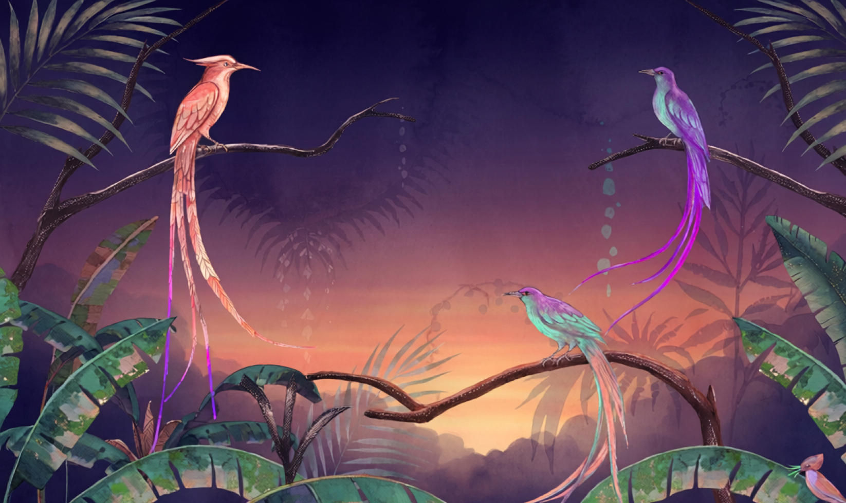 Exotic parrots in lush, vibrant tropical jungle at sunset.