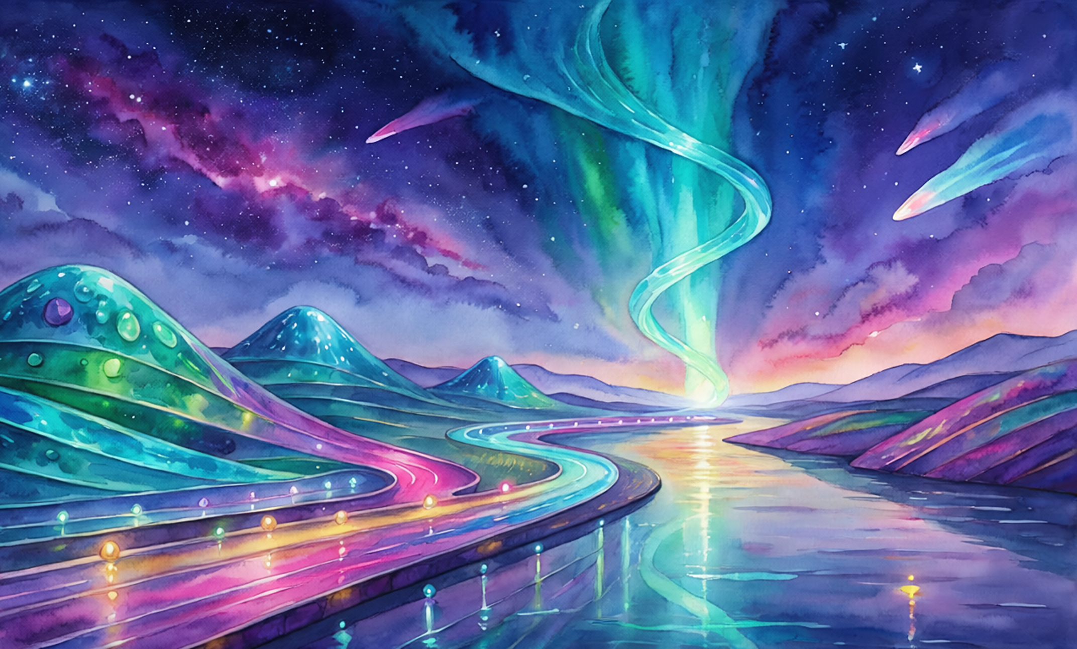 A surreal landscape with northern lights swirling above mountain roadways and water, with an overlay of the prompt used to generate the image.