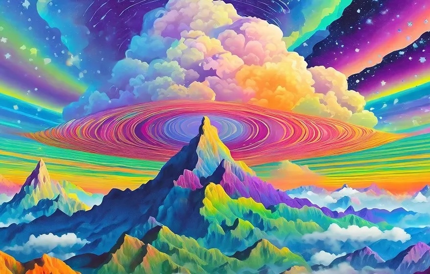 Example of AI art use case showing Firefly generated abstract art of mountains and rainbow clouds with psychedelic colors