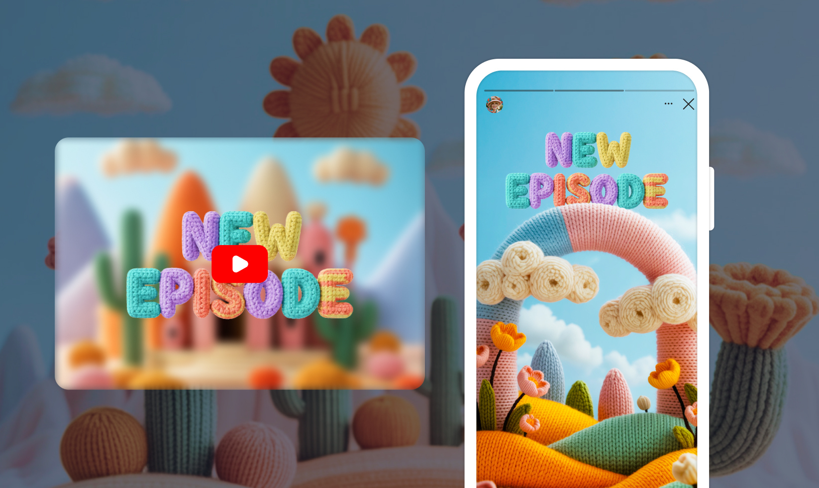 A video title screen that says "New episode" in colorful knit-textured letters alongside the same video screen resized for a mobile phone screen.
